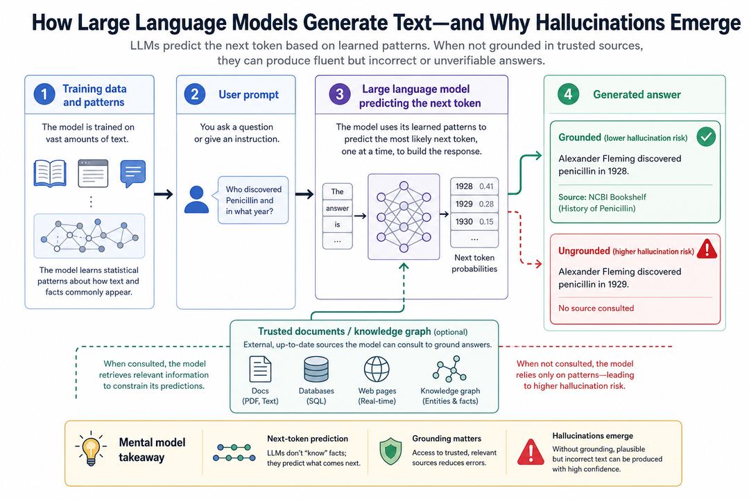 Diagram showing an AI model taking in a prompt, predicting the next token based on training data, optionally consulting a document store, and producing an answer with a branch highlighting where hallucinations can arise if no source is consulted.