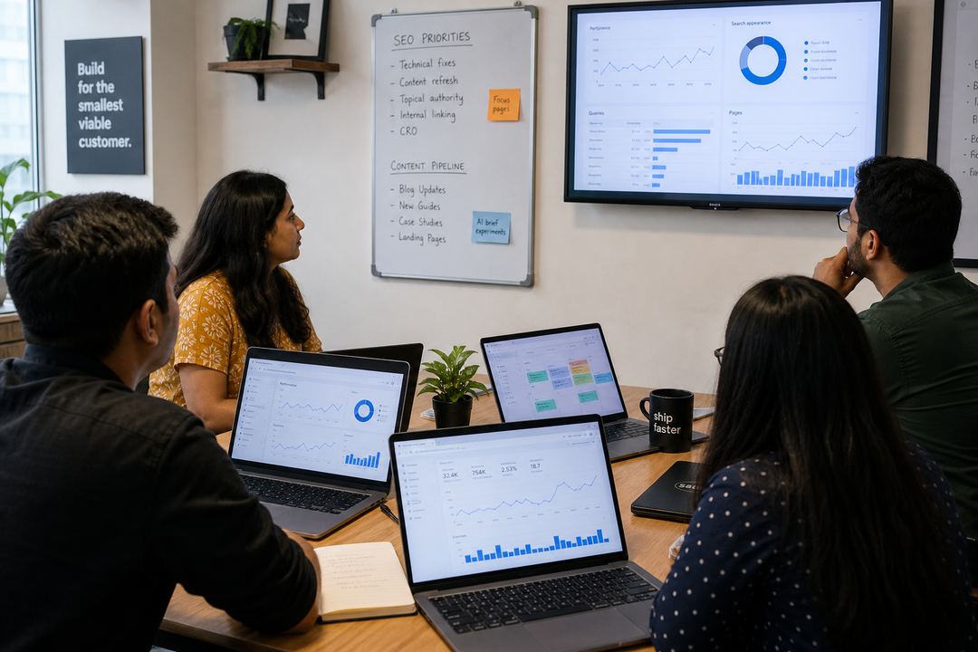 Small B2B marketing team in India reviewing SEO dashboards and a content calendar together in a meeting room.