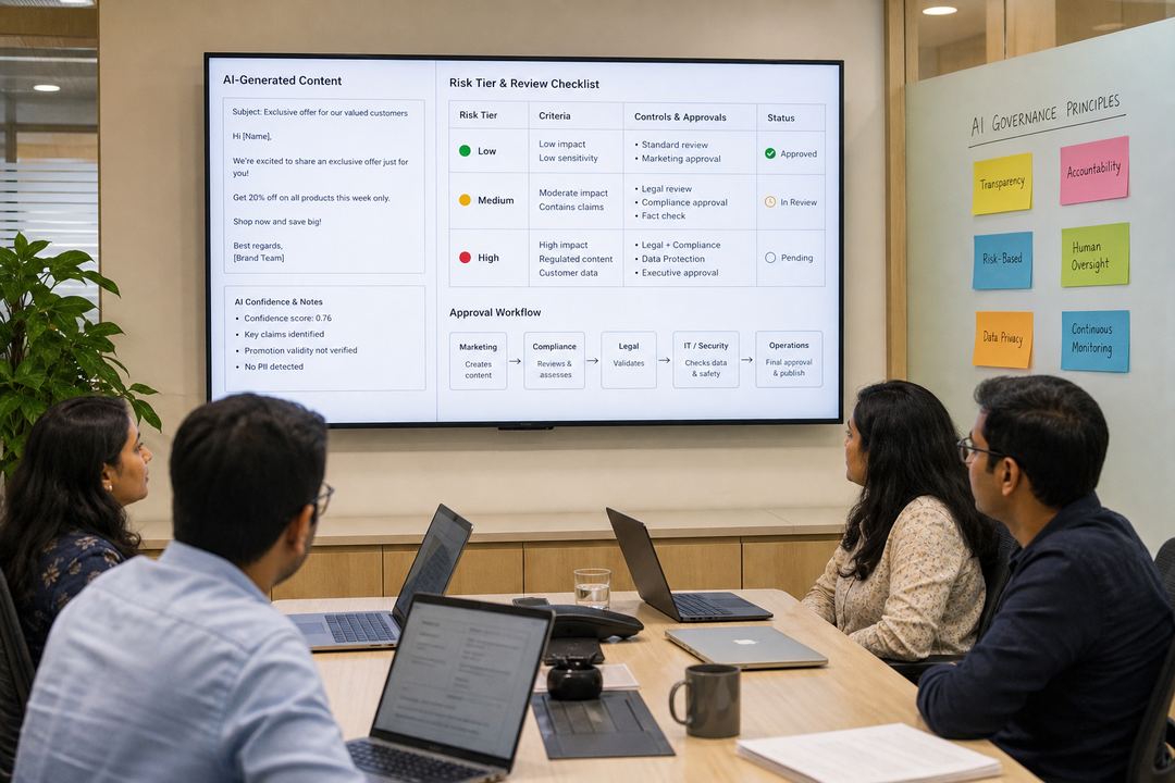 Cross-functional team in an Indian office reviewing AI-generated content on screens with a visible checklist of risk tiers and approval steps.