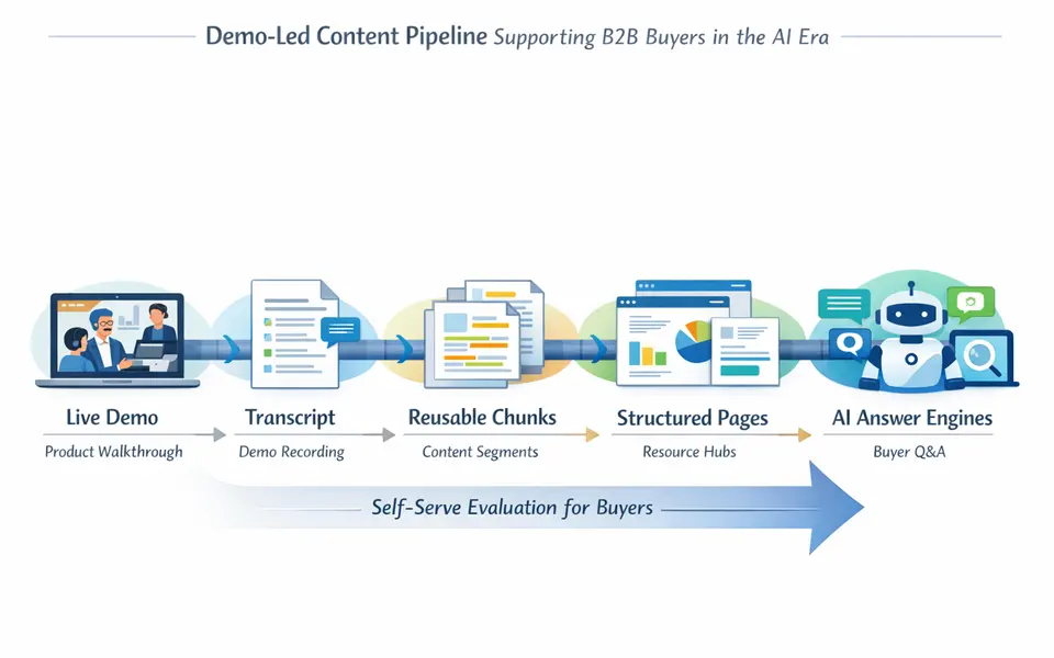 Infographic showing a flow from live demo to transcript, chunks, structured pages, and AI answer engines serving buyers