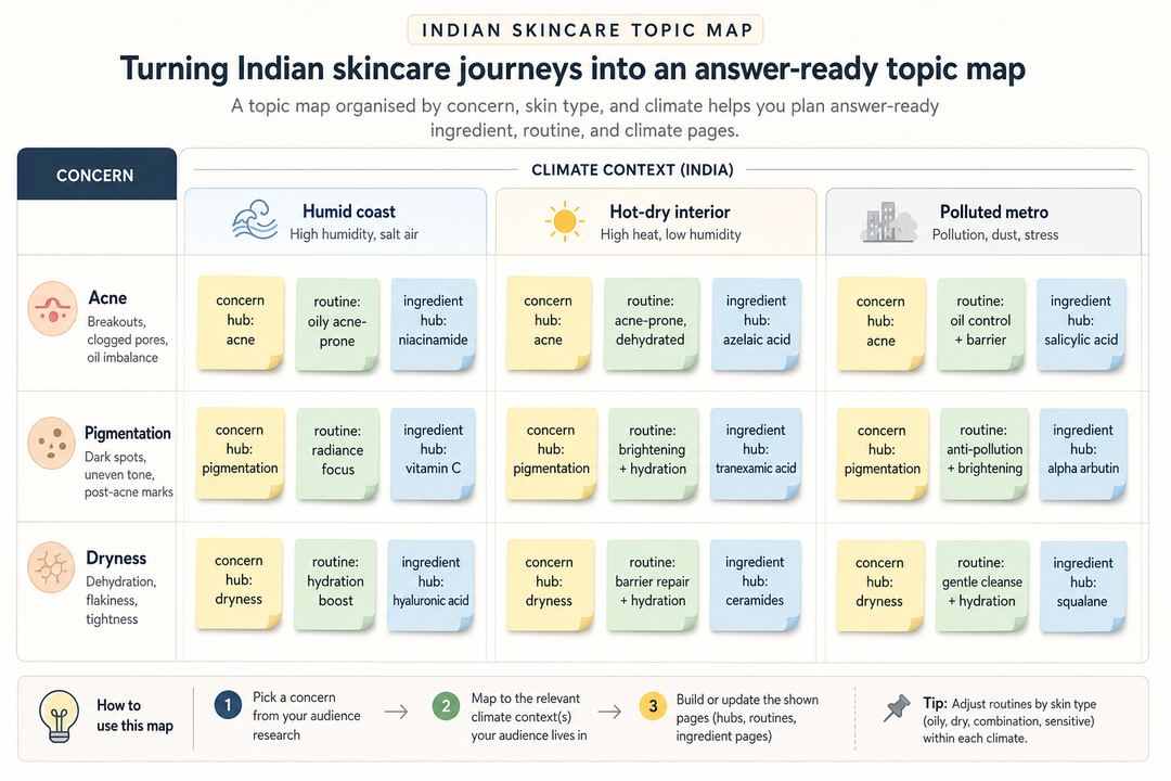 Grid showing Indian skincare topic clusters arranged by concern, skin type, and climate, with example pages mapped into each cell.