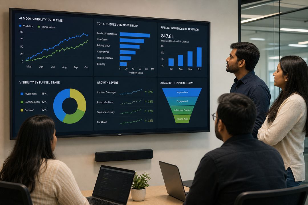 Indian B2B SaaS marketing and SEO team in an office reviewing AI search visibility dashboards together on large screens.