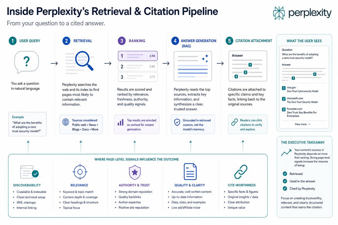 Diagram of an answer engine pipeline from user query through retrieval, ranking, answer generation, and citation attachment.