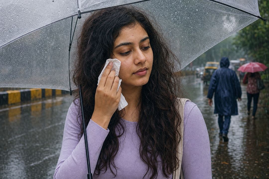 Young Indian woman under an umbrella on a rainy day, gently patting her face and adjusting frizzy hair affected by monsoon humidity.