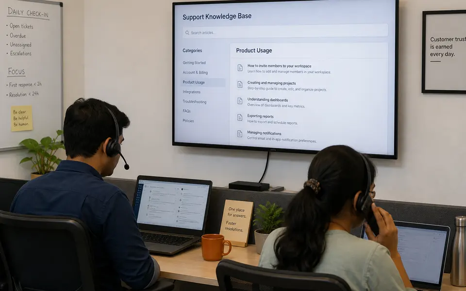 Small support team in an Indian startup office using a shared knowledge base on screen while handling customer chats and tickets.