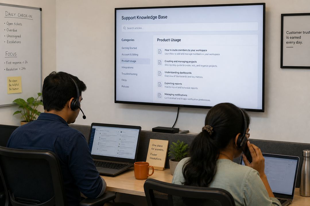 Small support team in an Indian startup office using a shared knowledge base on screen while handling customer chats and tickets.