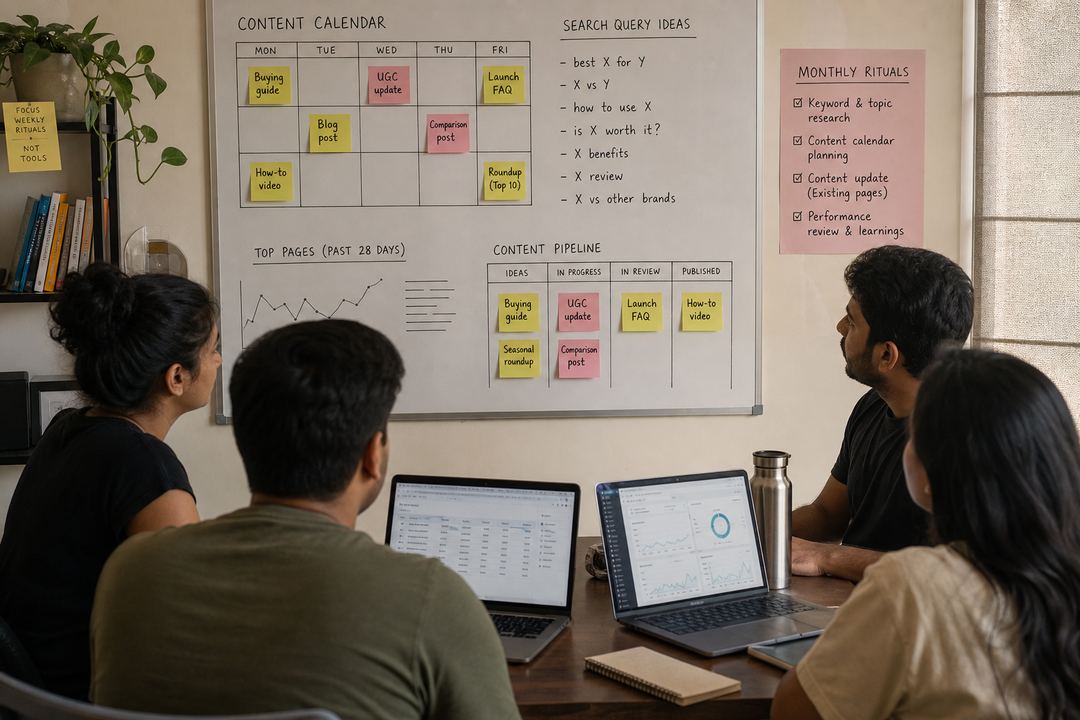 Small Indian D2C team in a casual office reviewing a content calendar and search dashboards on laptops and a wallboard.