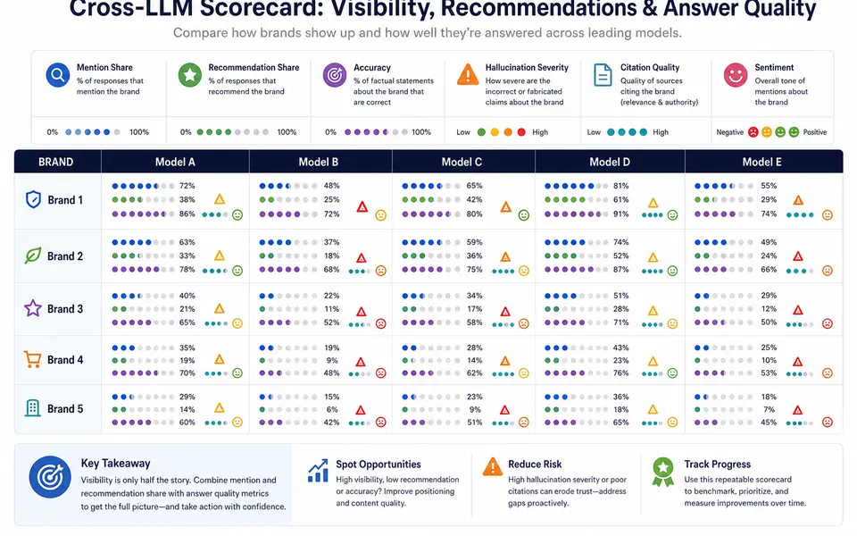 Matrix-style scorecard showing brands scored by LLM model across visibility and answer-quality metrics.