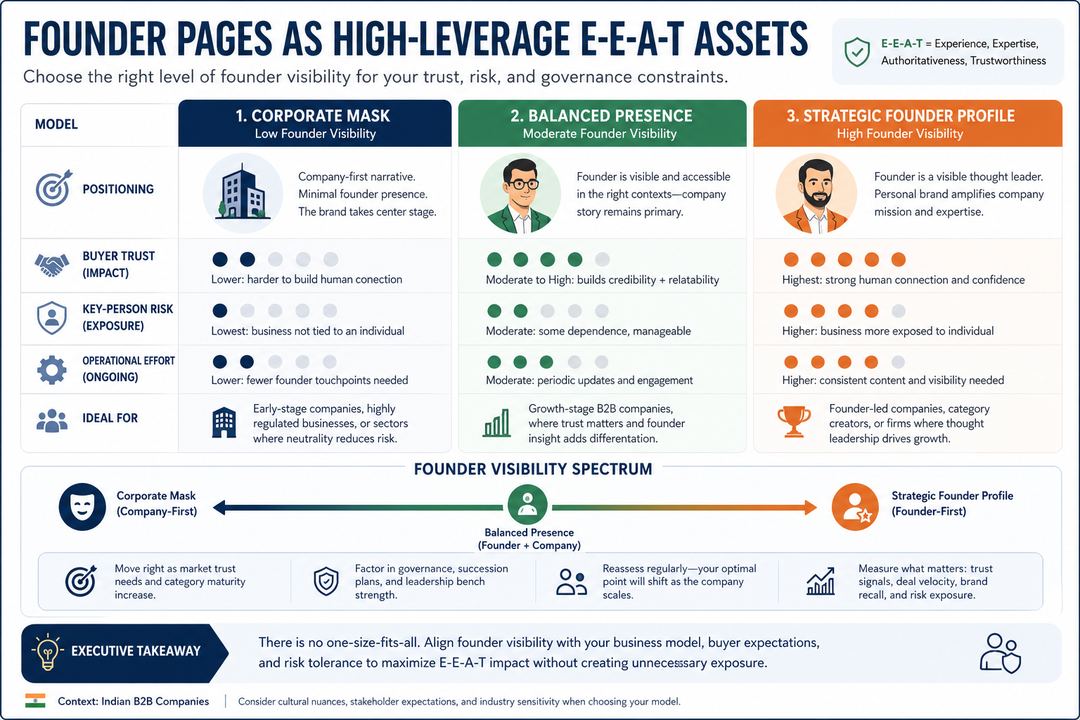 Infographic comparing three levels of founder visibility for Indian B2B companies, mapped against buyer trust, key-person risk, and operational effort.