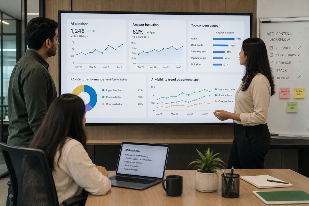 Indian skincare marketing team reviewing dashboards that show AI citations, answer inclusion, and content performance on a large screen.