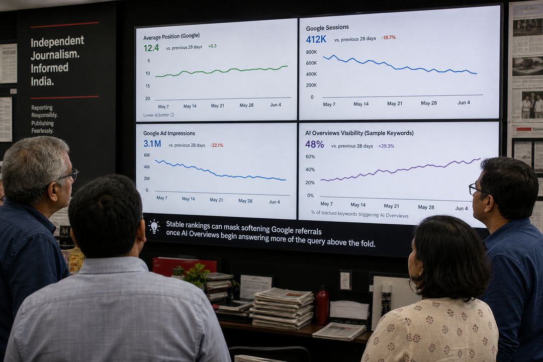 Editorial leaders at an Indian publisher reviewing analytics dashboards that show stable Google rankings but declining referral sessions.