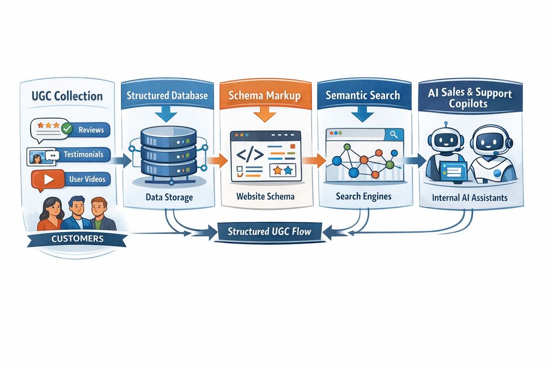 Infographic diagram showing AI-friendly UGC flowing from customers into structured databases, website schema markup, semantic search, and internal sales or support copilots.