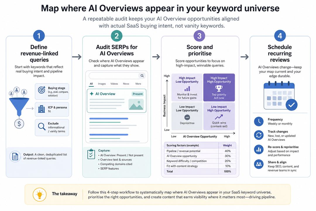 Flowchart showing steps to audit AI Overviews for a SaaS keyword set: define revenue-linked queries, check SERPs, score opportunities, and schedule recurring reviews.