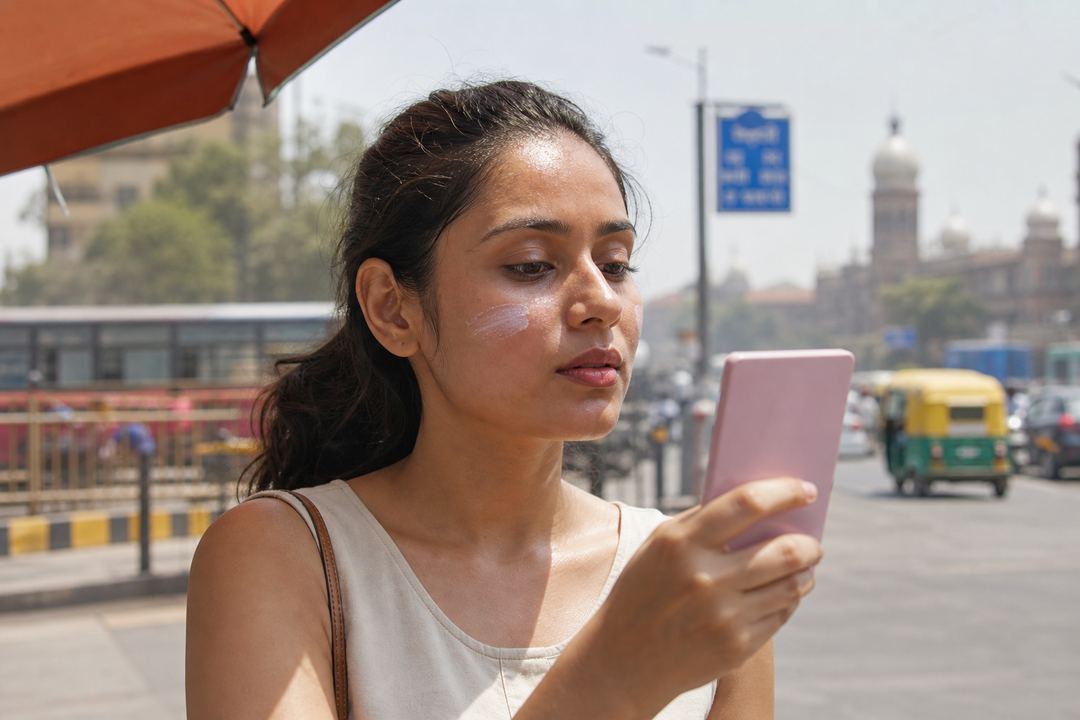 Indian woman applying sunscreen and adjusting lightweight makeup outdoors in harsh summer sunlight, with visible heat haze in the background.