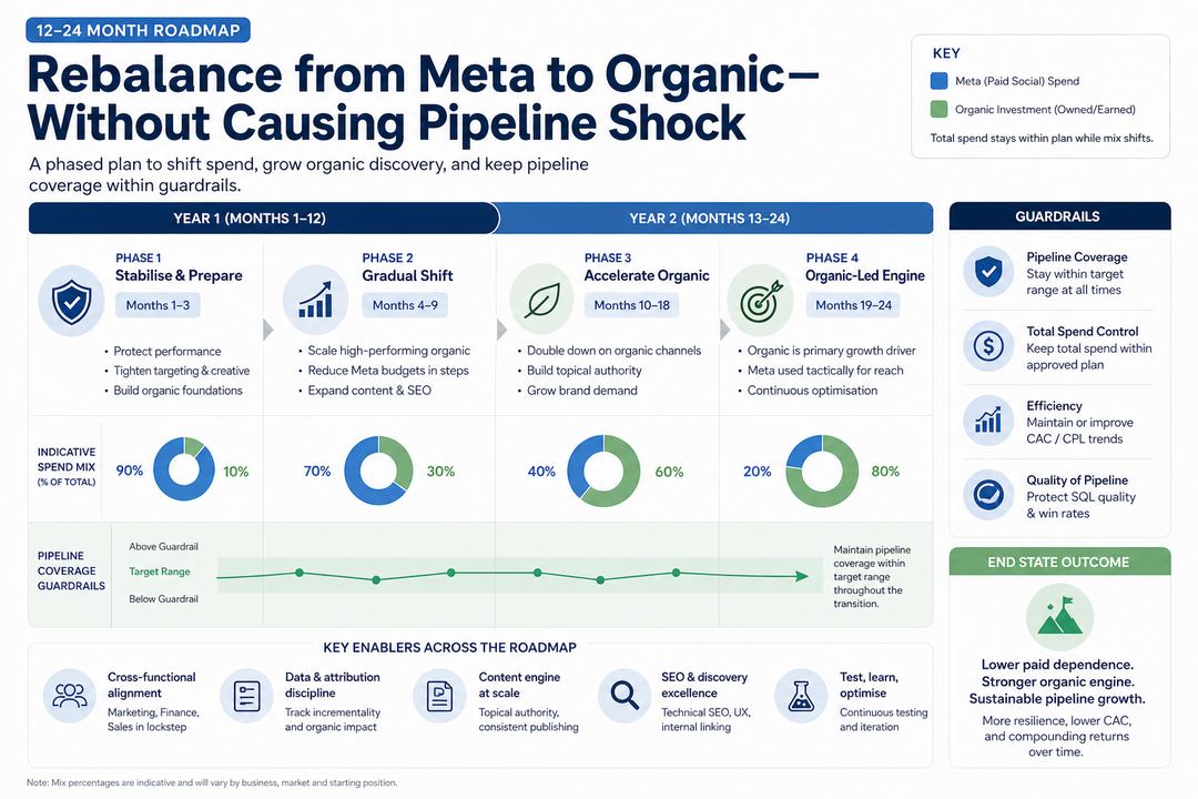 Infographic timeline showing a 12–24 month roadmap moving budget from Meta-paid social into organic discovery while keeping pipeline coverage within guardrails.