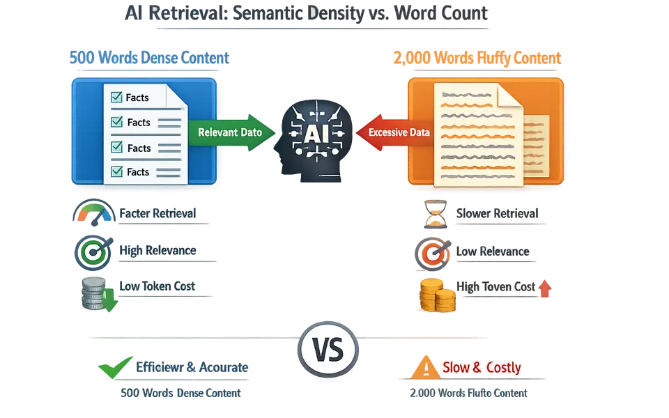 Infographic comparing dense 500-word content vs fluffy 2,000-word content for AI retrieval