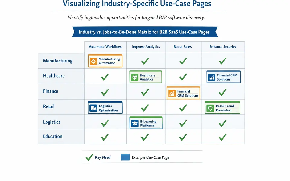 Infographic grid showing industries on one axis and jobs-to-be-done on the other, with example industry-specific use-case pages highlighted.