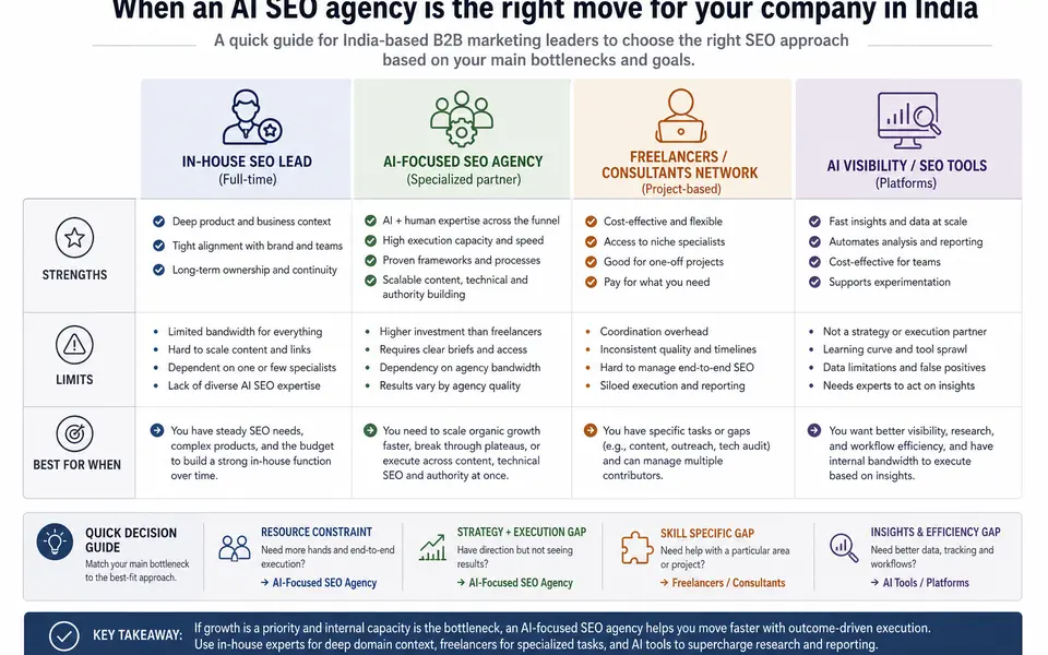 Infographic comparing in-house SEO, an AI-focused SEO agency, freelancers, and AI platforms on expertise, capacity, and coordination needs.
