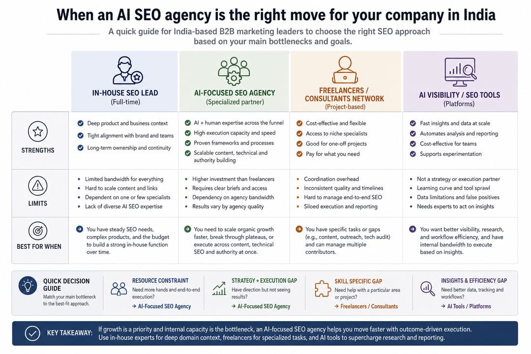 Infographic comparing in-house SEO, an AI-focused SEO agency, freelancers, and AI platforms on expertise, capacity, and coordination needs.