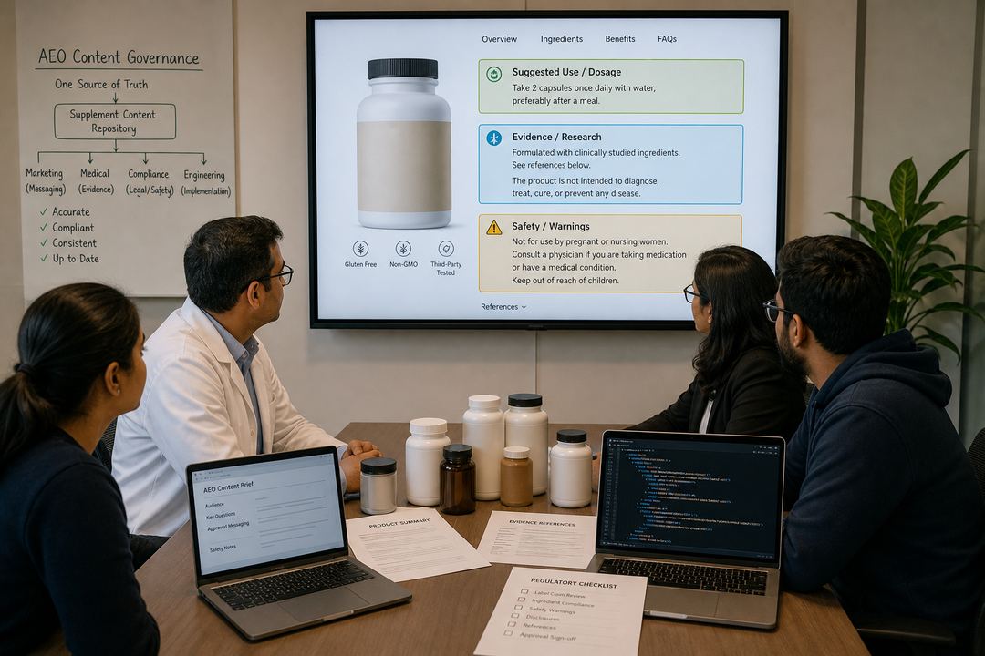 Indian marketing, medical, compliance, and engineering team members collaborating around laptops and printed supplement packs while reviewing content on a large screen.