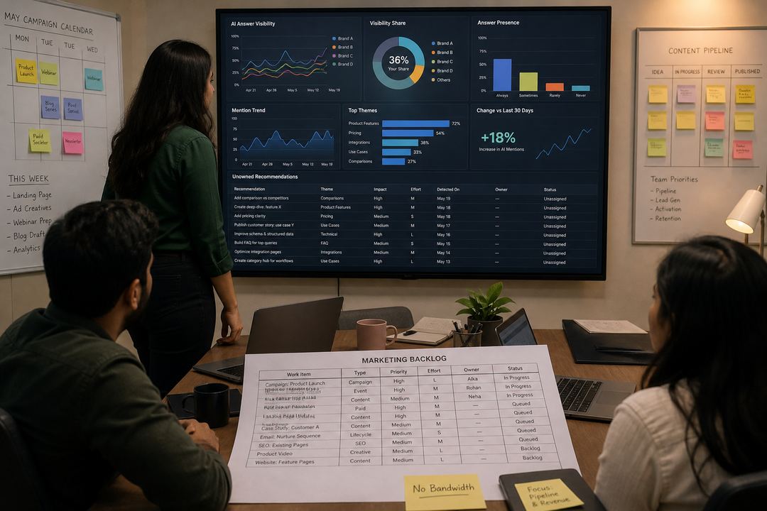A small marketing team in an Indian SaaS company gathered around a screen showing AI visibility dashboards and a spreadsheet of unowned recommendations.