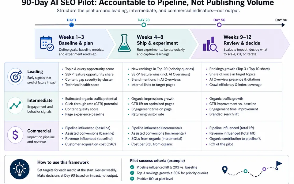 Timeline of a 90-day AI SEO pilot showing phases for setup, execution, and review, with leading, intermediate, and commercial metrics aligned to each phase.