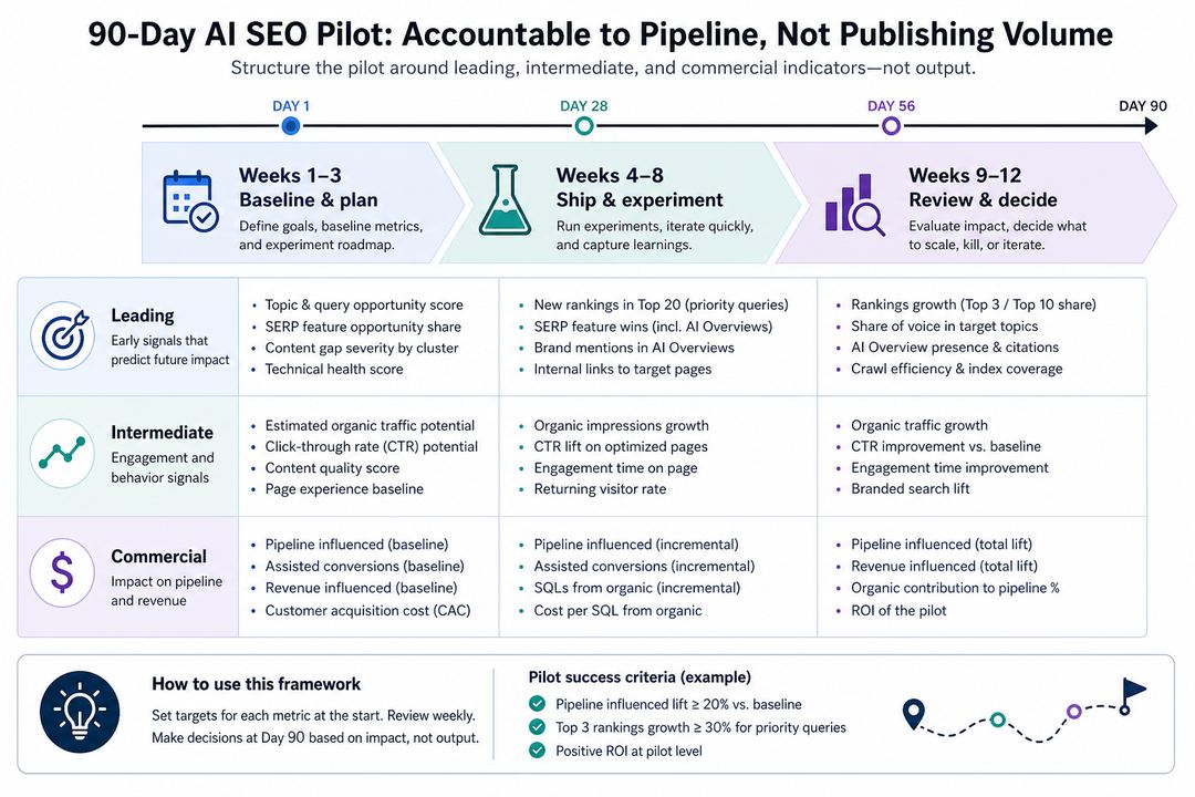 Timeline of a 90-day AI SEO pilot showing phases for setup, execution, and review, with leading, intermediate, and commercial metrics aligned to each phase.