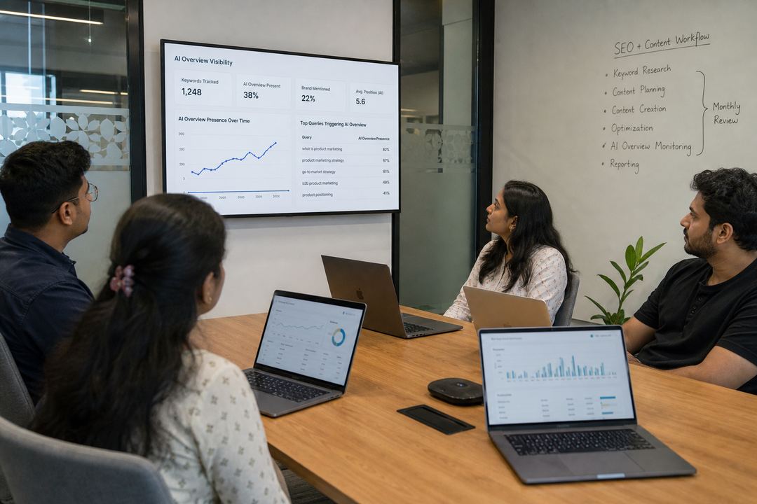 Small B2B marketing team in India reviewing search and analytics dashboards together on laptops in a meeting room.