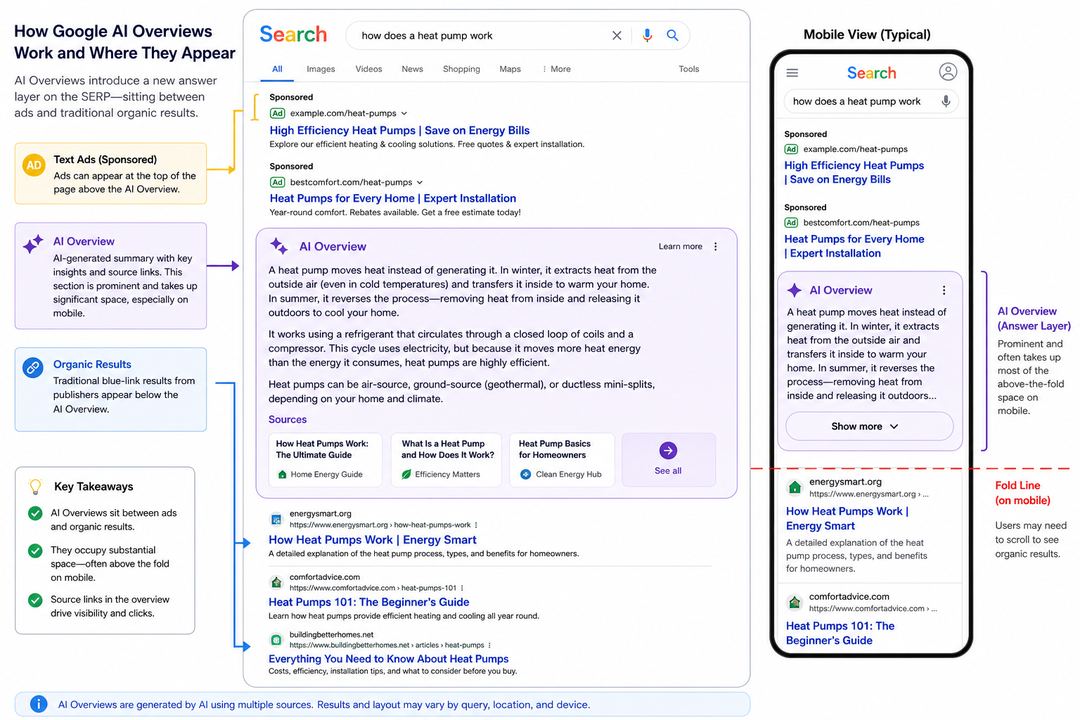 Annotated Google search results page highlighting ads, an AI Overview summary box, and organic publisher listings below.