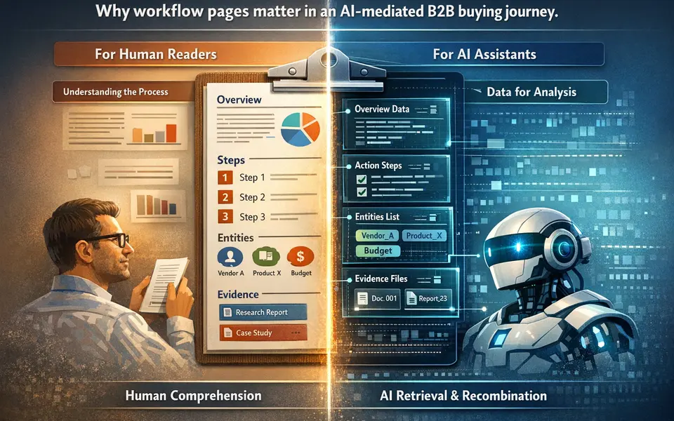 Infographic showing a workflow page serving both human readers and AI assistants, with sections for overview, steps, entities, and evidence.