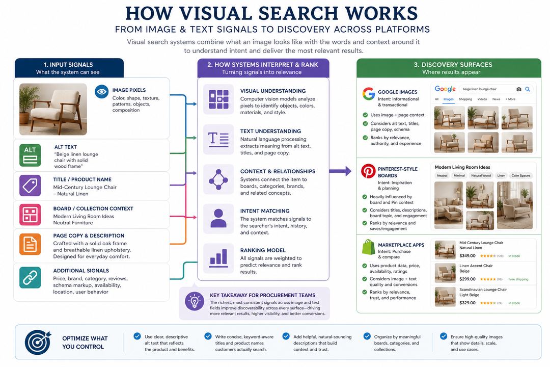 Infographic showing how visual search combines image pixels with alt text, titles, board names, and page copy across Google Images, Pinterest-style boards, and marketplace apps.