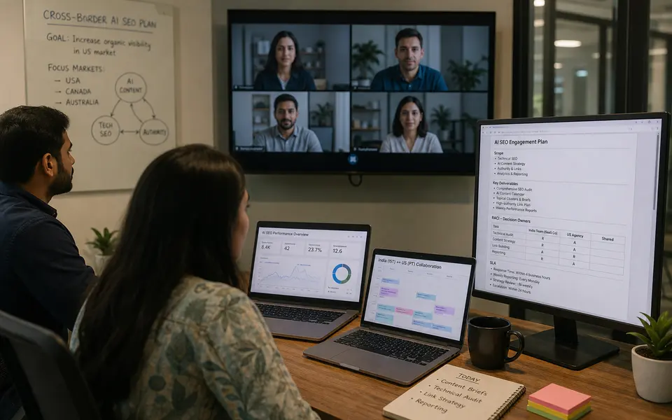 Remote India-based SaaS marketers on a video call with a US AI SEO agency team, collaborating over shared dashboards and documents.