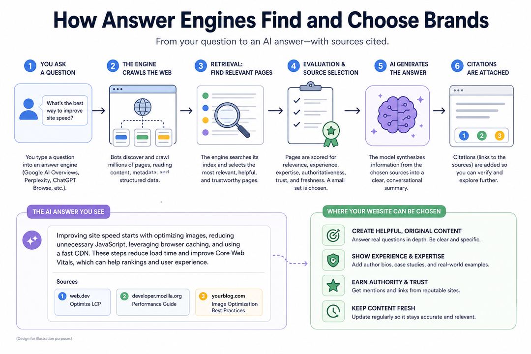 Diagram showing how answer engines crawl the web, pick sources, generate an AI summary, and attach citations.