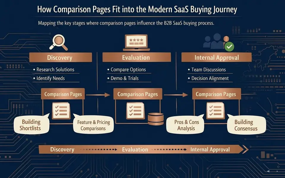 Infographic of a modern B2B SaaS buying journey highlighting where comparison pages influence shortlists and internal consensus.