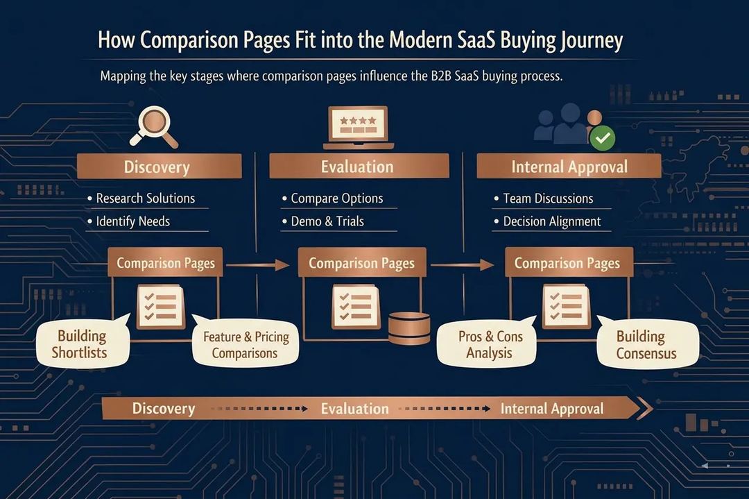 Infographic of a modern B2B SaaS buying journey highlighting where comparison pages influence shortlists and internal consensus.